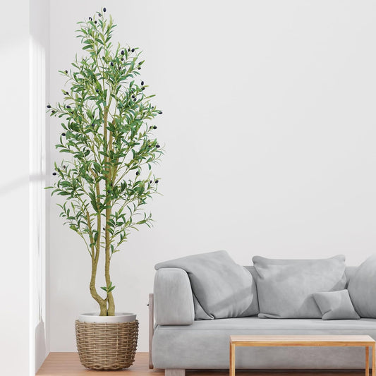 6ft Artificial Olive Tree Indoor, Fake Olive Tree with White Pot, Faux Olive Tree with Dense Leaves & Realistic Fruits, Tall Artificial Plant for Home Living Room Office Entryway Decor