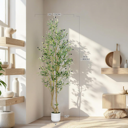 6ft Artificial Olive Tree Indoor, Fake Olive Tree with White Pot, Faux Olive Tree with Dense Leaves & Realistic Fruits, Tall Artificial Plant for Home Living Room Office Entryway Decor