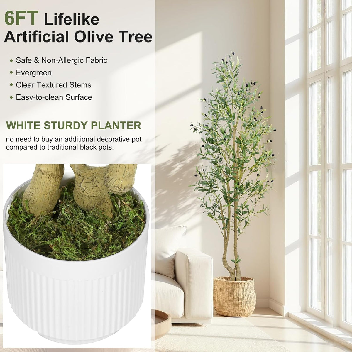 6ft Artificial Olive Tree Indoor, Fake Olive Tree with White Pot, Faux Olive Tree with Dense Leaves & Realistic Fruits, Tall Artificial Plant for Home Living Room Office Entryway Decor