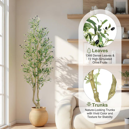 6ft Artificial Olive Tree Indoor, Fake Olive Tree with White Pot, Faux Olive Tree with Dense Leaves & Realistic Fruits, Tall Artificial Plant for Home Living Room Office Entryway Decor