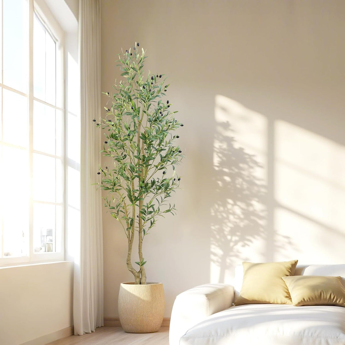 6ft Artificial Olive Tree Indoor, Fake Olive Tree with White Pot, Faux Olive Tree with Dense Leaves & Realistic Fruits, Tall Artificial Plant for Home Living Room Office Entryway Decor