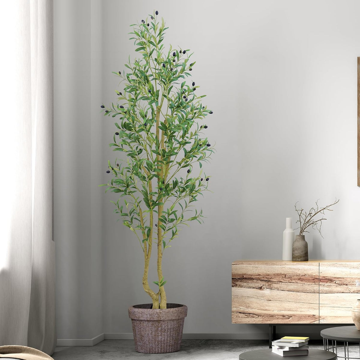 6ft Artificial Olive Tree Indoor, Fake Olive Tree with White Pot, Faux Olive Tree with Dense Leaves & Realistic Fruits, Tall Artificial Plant for Home Living Room Office Entryway Decor