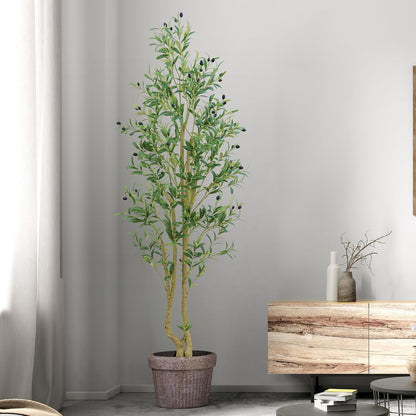 6ft Artificial Olive Tree Indoor, Fake Olive Tree with White Pot, Faux Olive Tree with Dense Leaves & Realistic Fruits, Tall Artificial Plant for Home Living Room Office Entryway Decor