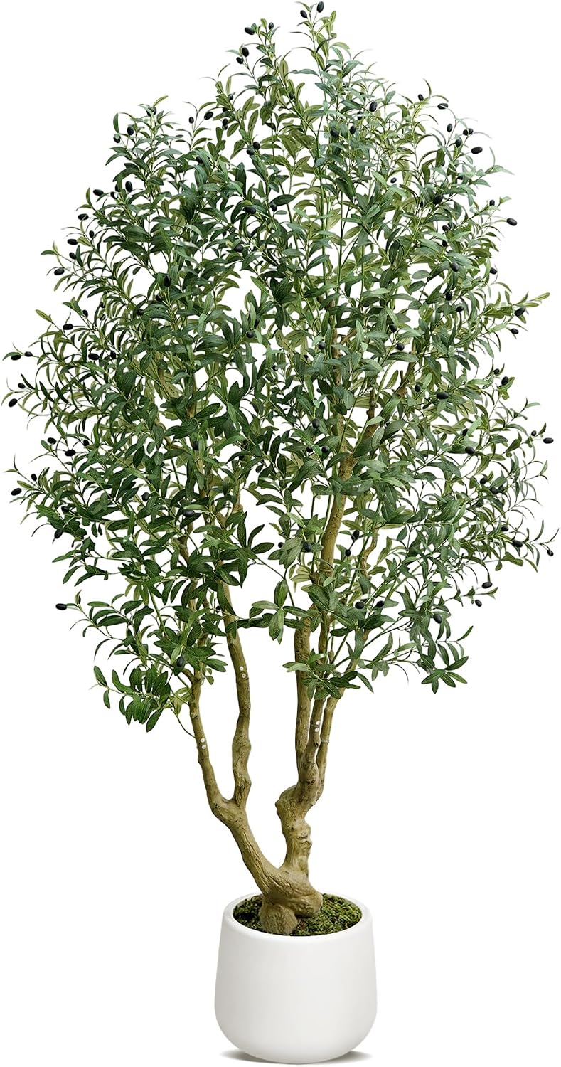 6ft Artificial Olive Tree Indoor, Fake Olive Tree with White Pot, Faux Olive Tree with Dense Leaves & Realistic Fruits, Tall Artificial Plant for Home Living Room Office Entryway Decor