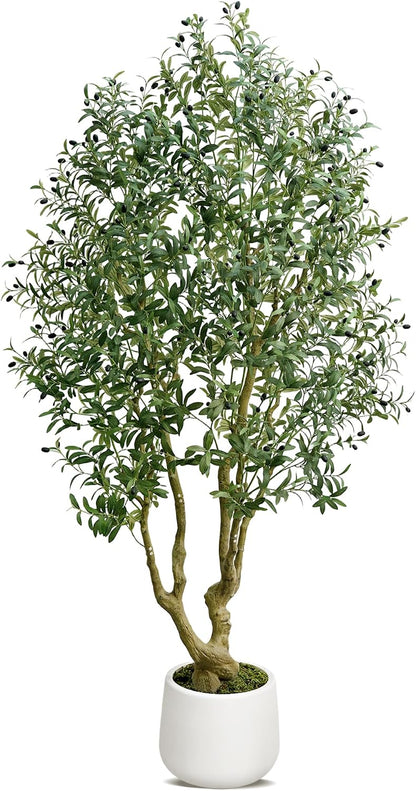 6ft Artificial Olive Tree Indoor, Fake Olive Tree with White Pot, Faux Olive Tree with Dense Leaves & Realistic Fruits, Tall Artificial Plant for Home Living Room Office Entryway Decor