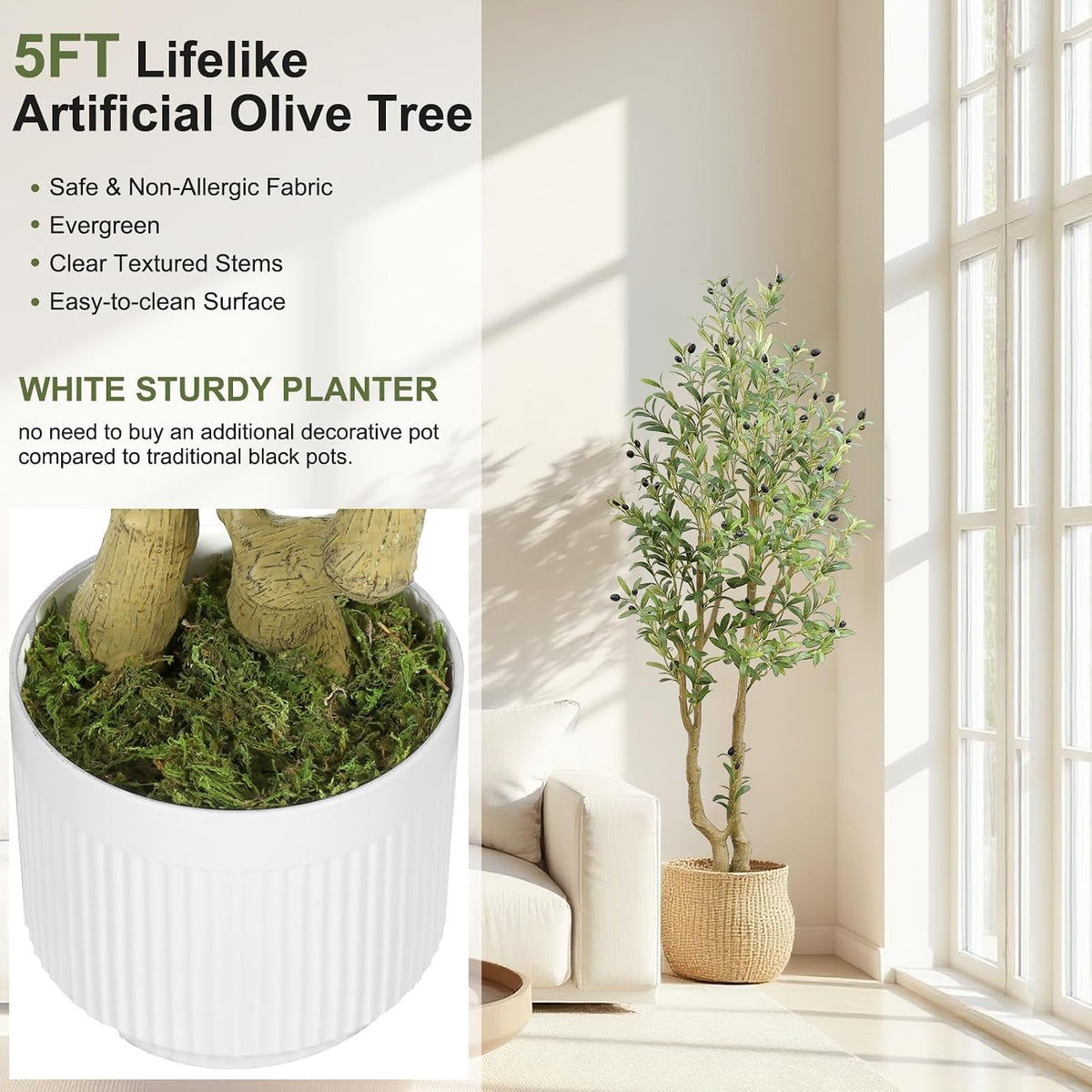 6ft Artificial Olive Tree Indoor, Fake Olive Tree with White Pot, Faux Olive Tree with Dense Leaves & Realistic Fruits, Tall Artificial Plant for Home Living Room Office Entryway Decor