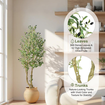 6ft Artificial Olive Tree Indoor, Fake Olive Tree with White Pot, Faux Olive Tree with Dense Leaves & Realistic Fruits, Tall Artificial Plant for Home Living Room Office Entryway Decor