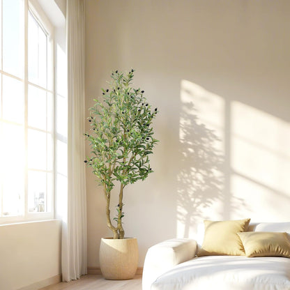 6ft Artificial Olive Tree Indoor, Fake Olive Tree with White Pot, Faux Olive Tree with Dense Leaves & Realistic Fruits, Tall Artificial Plant for Home Living Room Office Entryway Decor