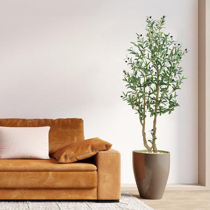 6ft Artificial Olive Tree Indoor, Fake Olive Tree with White Pot, Faux Olive Tree with Dense Leaves & Realistic Fruits, Tall Artificial Plant for Home Living Room Office Entryway Decor