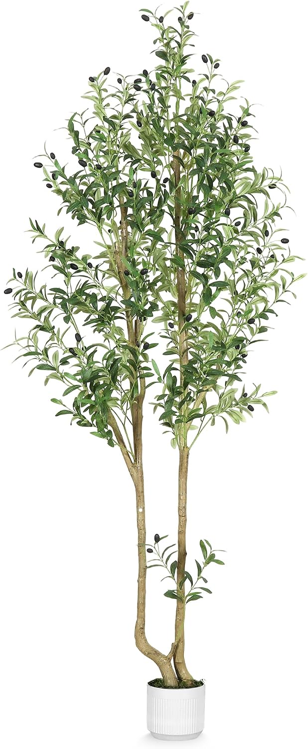 6ft Artificial Olive Tree Indoor, Fake Olive Tree with White Pot, Faux Olive Tree with Dense Leaves & Realistic Fruits, Tall Artificial Plant for Home Living Room Office Entryway Decor