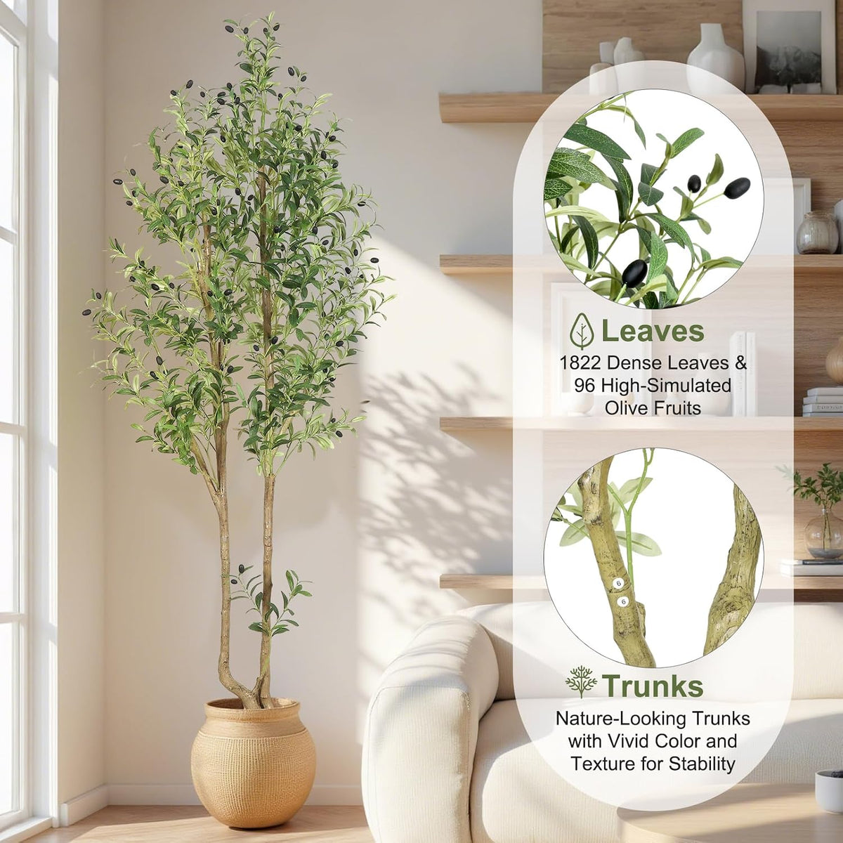 6ft Artificial Olive Tree Indoor, Fake Olive Tree with White Pot, Faux Olive Tree with Dense Leaves & Realistic Fruits, Tall Artificial Plant for Home Living Room Office Entryway Decor