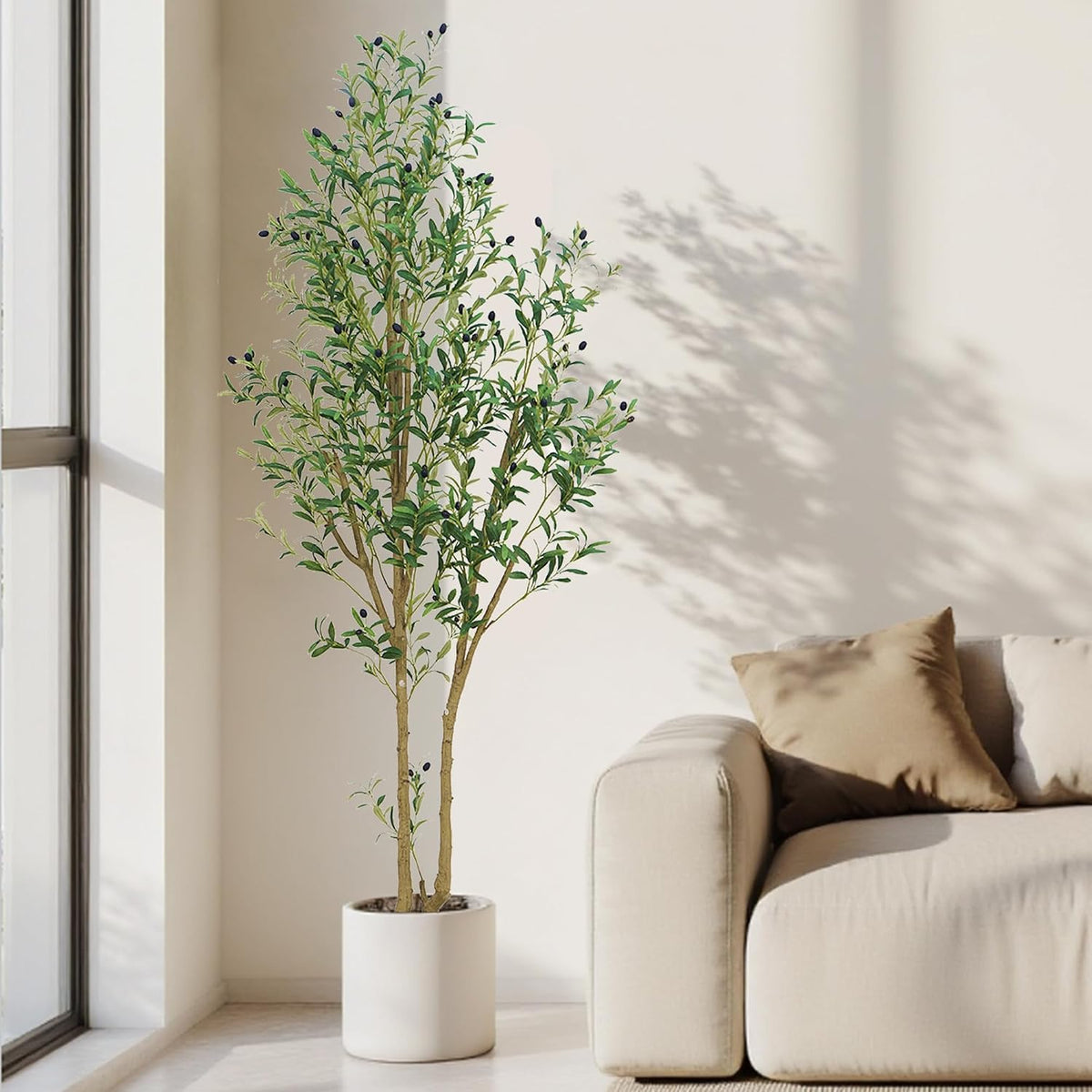 6ft Artificial Olive Tree Indoor, Fake Olive Tree with White Pot, Faux Olive Tree with Dense Leaves & Realistic Fruits, Tall Artificial Plant for Home Living Room Office Entryway Decor
