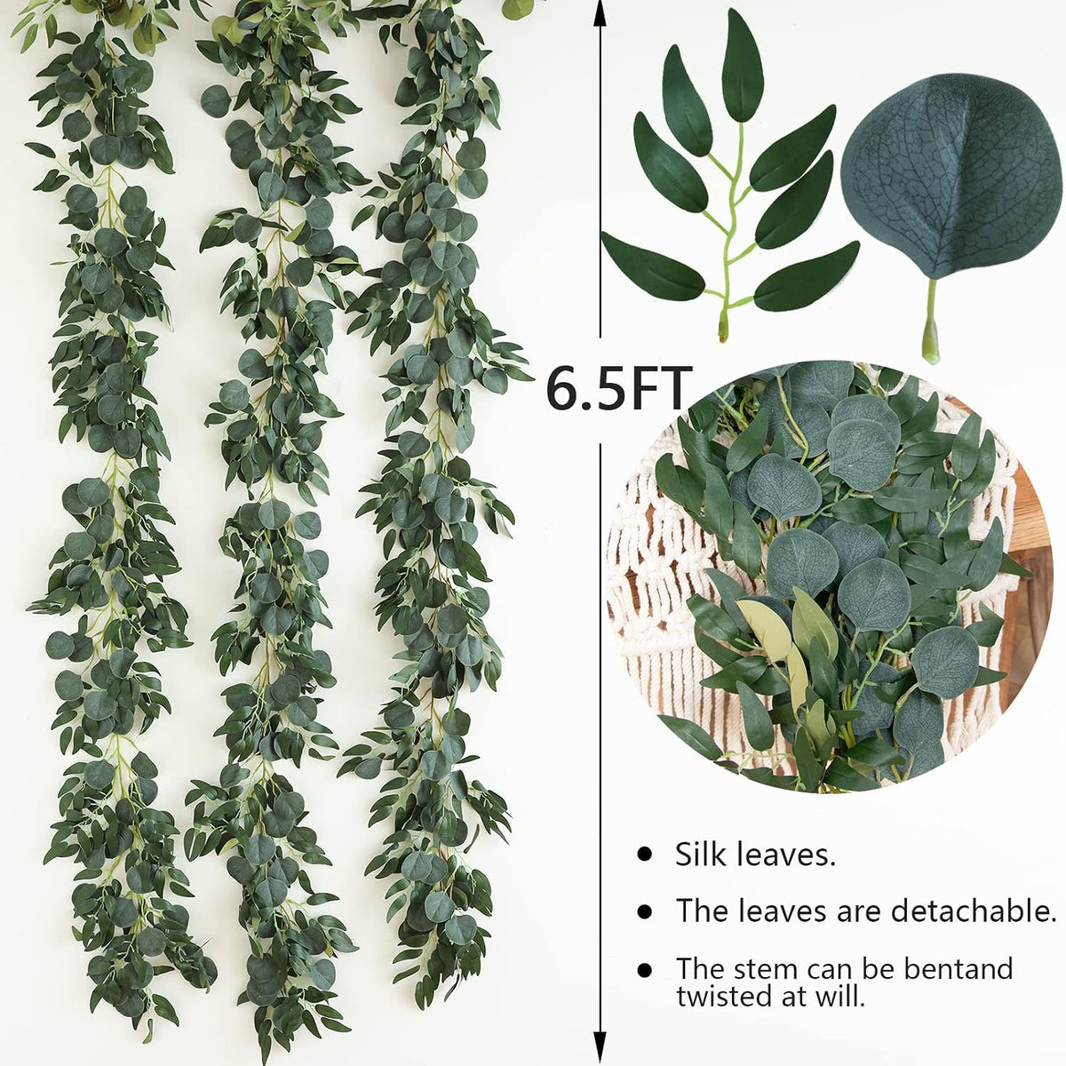 3Pcs Artificial Greenery Ivy Vines Kit, 6.5FT Odorless Silk Ivy Garland, Green Leaves Fake Hanging Plants, for Boho Decor, Home, Classroom, Wall, Party and Wedding Decoration