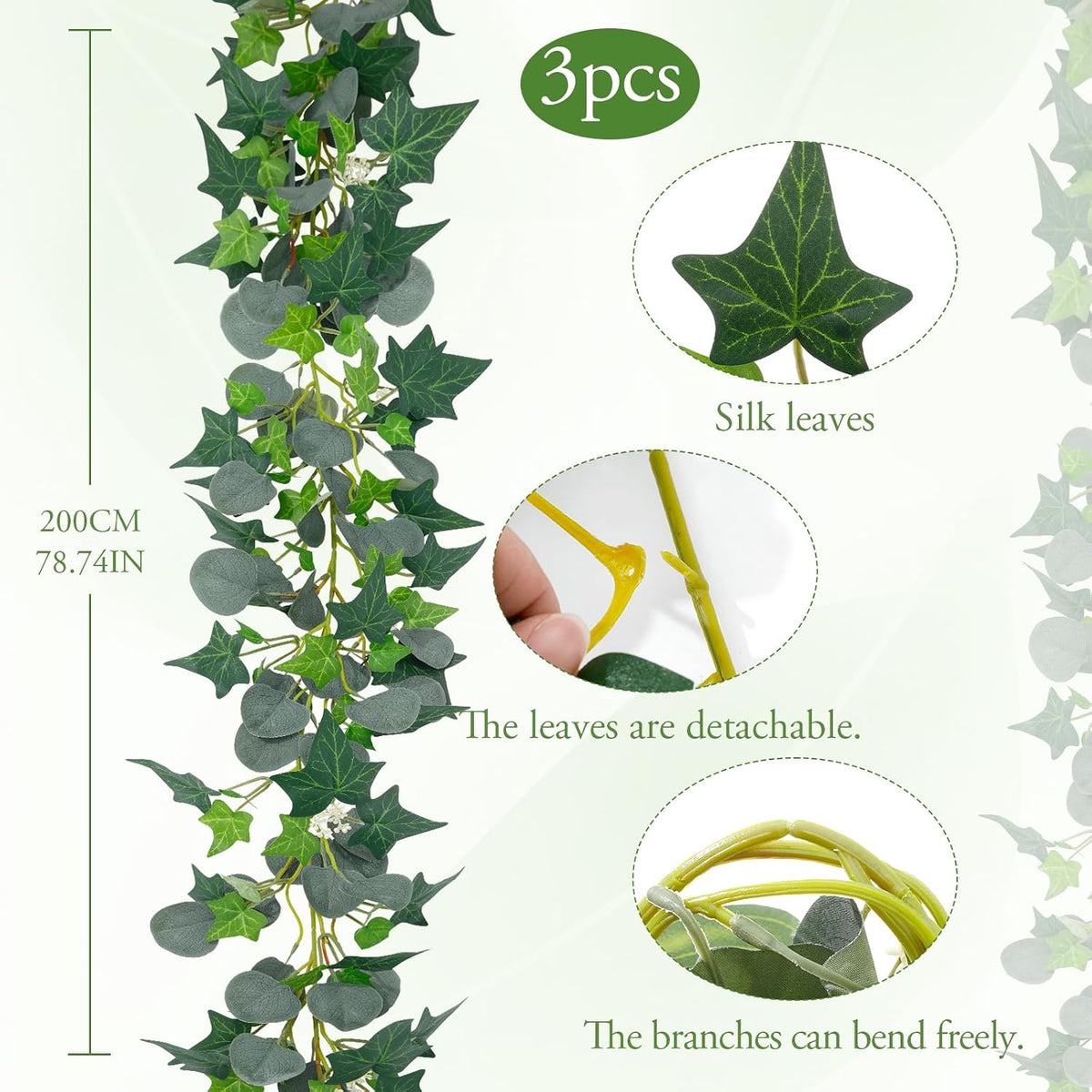 3Pcs Artificial Greenery Ivy Vines Kit, 6.5FT Odorless Silk Ivy Garland, Green Leaves Fake Hanging Plants, for Boho Decor, Home, Classroom, Wall, Party and Wedding Decoration