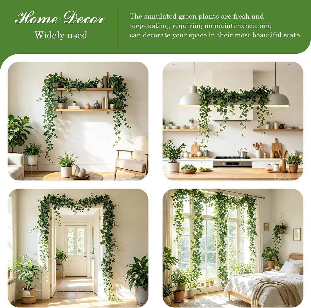3Pcs Artificial Greenery Ivy Vines Kit, 6.5FT Odorless Silk Ivy Garland, Green Leaves Fake Hanging Plants, for Boho Decor, Home, Classroom, Wall, Party and Wedding Decoration