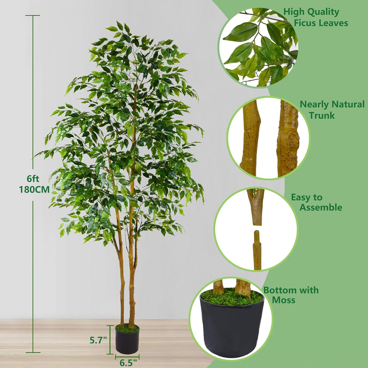 Artificial Ficus Tree 7ft Fake Floor Plant with Woven Basket