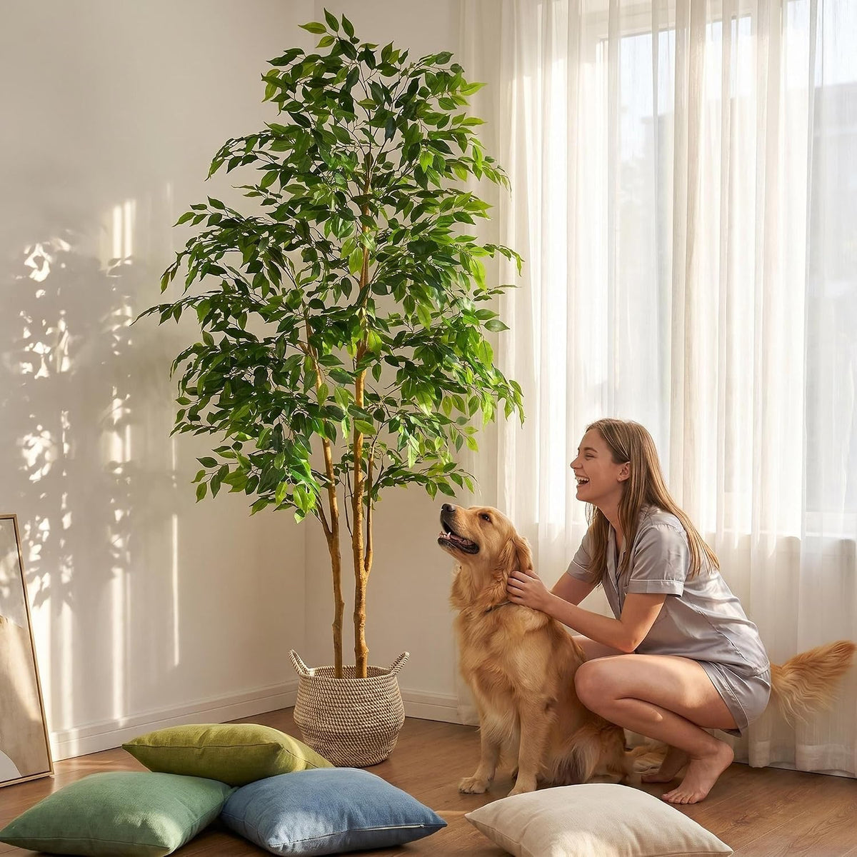 Artificial Ficus Tree 7ft Fake Floor Plant with Woven Basket