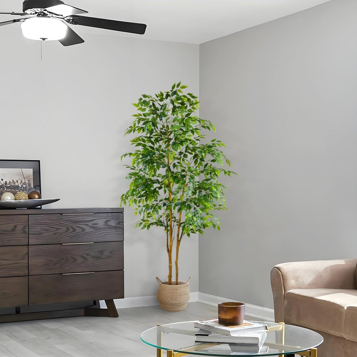 Artificial Ficus Tree 7ft Fake Floor Plant with Woven Basket