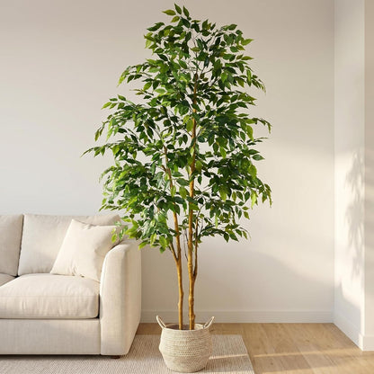 Artificial Ficus Tree 7ft Fake Floor Plant with Woven Basket