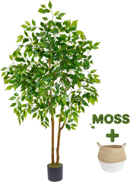 Artificial Ficus Tree 7ft Fake Floor Plant with Woven Basket