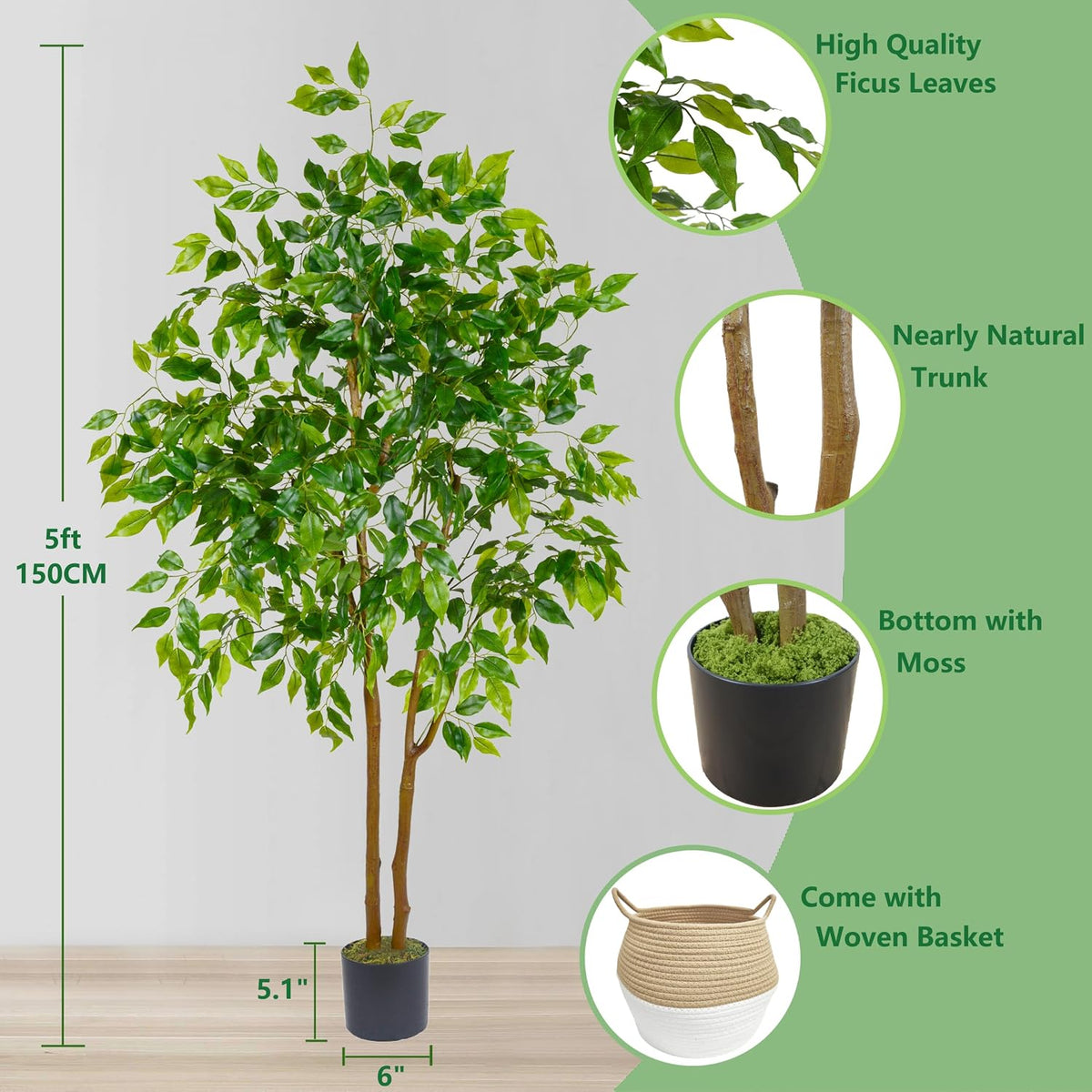 Artificial Ficus Tree 7ft Fake Floor Plant with Woven Basket