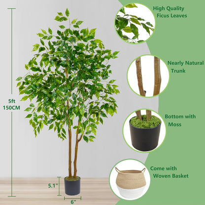 Artificial Ficus Tree 7ft Fake Floor Plant with Woven Basket