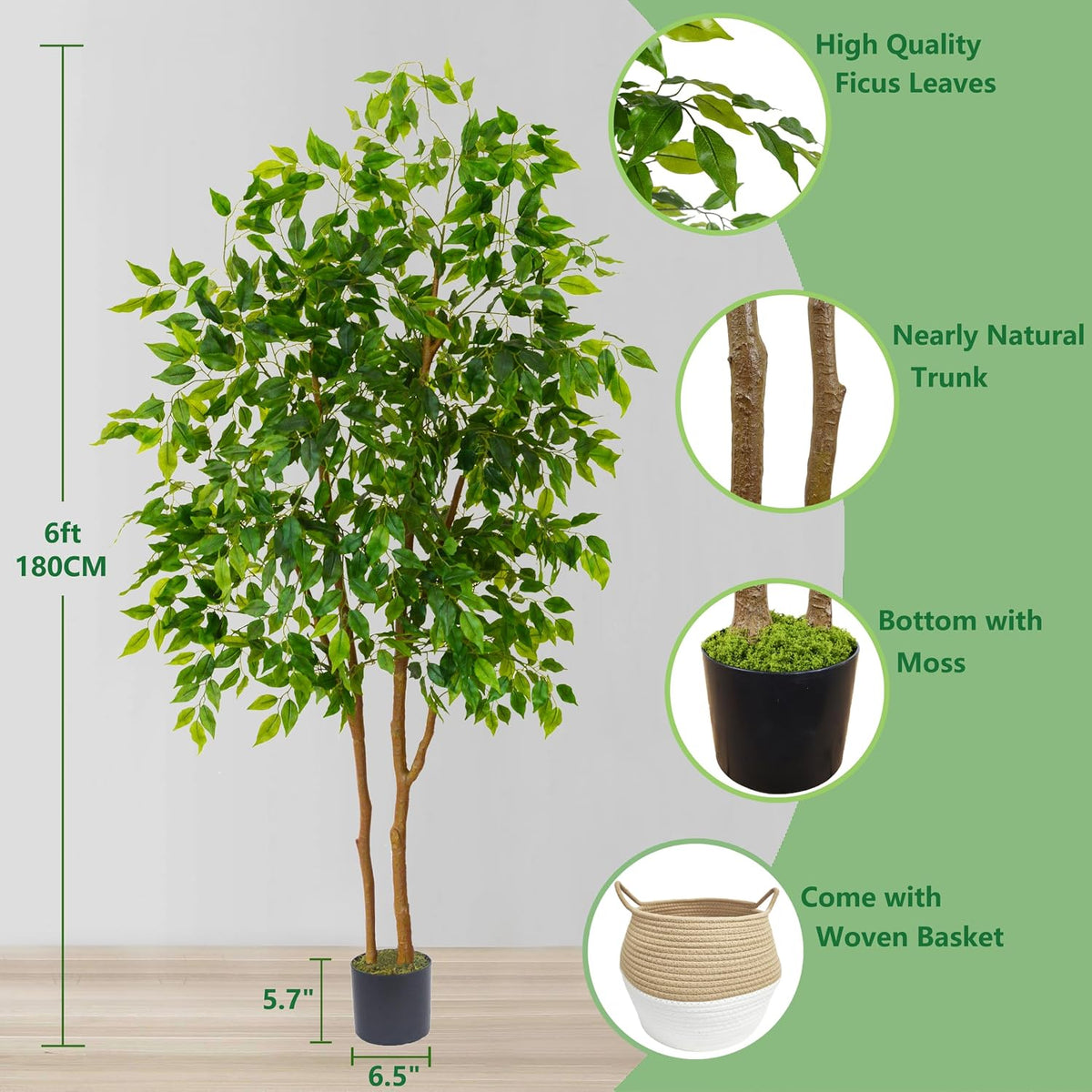 Artificial Ficus Tree 7ft Fake Floor Plant with Woven Basket