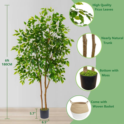 Artificial Ficus Tree 7ft Fake Floor Plant with Woven Basket