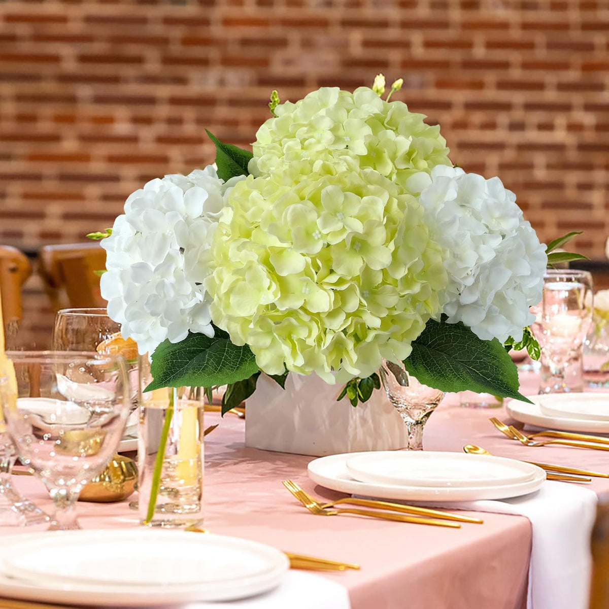 JINWOE Green Hydrangea Artificial Flowers, 5Pcs 20Inch Large Lifelike Faux Silk Flowers, Full Artificial Hydrangeas for Bouquet Table Centerpieces Indoor Spring Outdoor Home