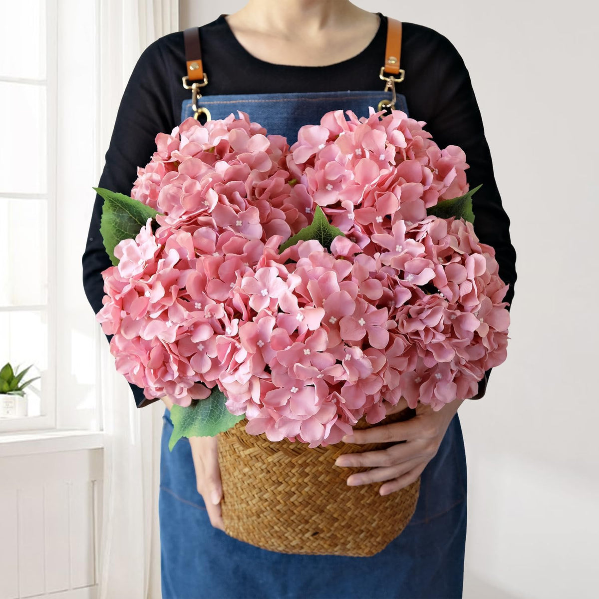 JINWOE Green Hydrangea Artificial Flowers, 5Pcs 20Inch Large Lifelike Faux Silk Flowers, Full Artificial Hydrangeas for Bouquet Table Centerpieces Indoor Spring Outdoor Home