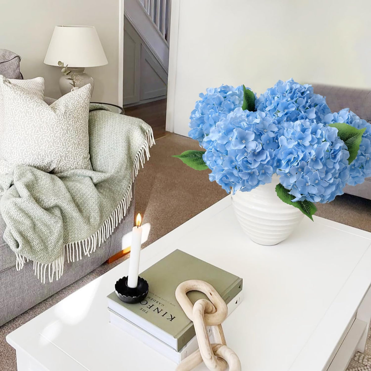 JINWOE Green Hydrangea Artificial Flowers, 5Pcs 20Inch Large Lifelike Faux Silk Flowers, Full Artificial Hydrangeas for Bouquet Table Centerpieces Indoor Spring Outdoor Home