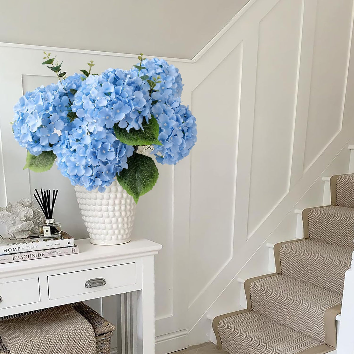 JINWOE Green Hydrangea Artificial Flowers, 5Pcs 20Inch Large Lifelike Faux Silk Flowers, Full Artificial Hydrangeas for Bouquet Table Centerpieces Indoor Spring Outdoor Home