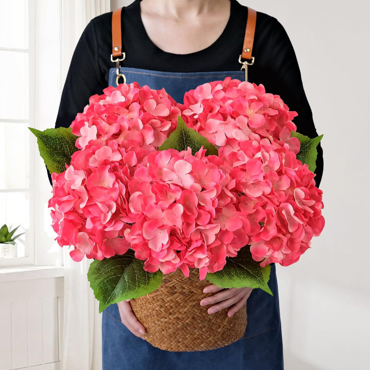 JINWOE Green Hydrangea Artificial Flowers, 5Pcs 20Inch Large Lifelike Faux Silk Flowers, Full Artificial Hydrangeas for Bouquet Table Centerpieces Indoor Spring Outdoor Home