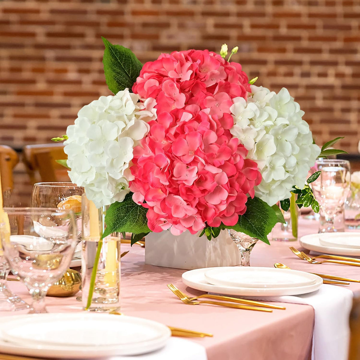 JINWOE Green Hydrangea Artificial Flowers, 5Pcs 20Inch Large Lifelike Faux Silk Flowers, Full Artificial Hydrangeas for Bouquet Table Centerpieces Indoor Spring Outdoor Home
