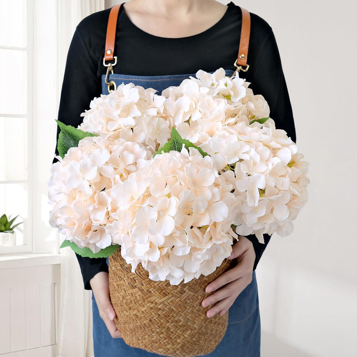 JINWOE Green Hydrangea Artificial Flowers, 5Pcs 20Inch Large Lifelike Faux Silk Flowers, Full Artificial Hydrangeas for Bouquet Table Centerpieces Indoor Spring Outdoor Home