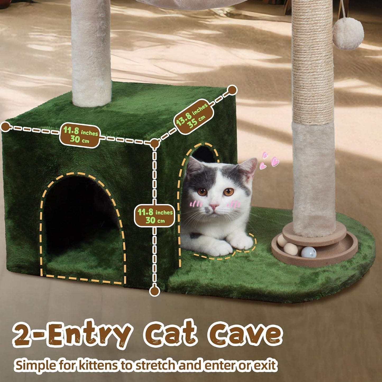Cat Tree 38" Cat Tower with Large Hammock Metal, Cat Scratching Post for Indoor Cats with Condo, Cat Playground Track Balls and Bouncy Ball, Green and White