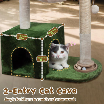 Cat Tree 38" Cat Tower with Large Hammock Metal, Cat Scratching Post for Indoor Cats with Condo, Cat Playground Track Balls and Bouncy Ball, Green and White