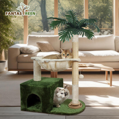 Cat Tree 38" Cat Tower with Large Hammock Metal, Cat Scratching Post for Indoor Cats with Condo, Cat Playground Track Balls and Bouncy Ball, Green and White