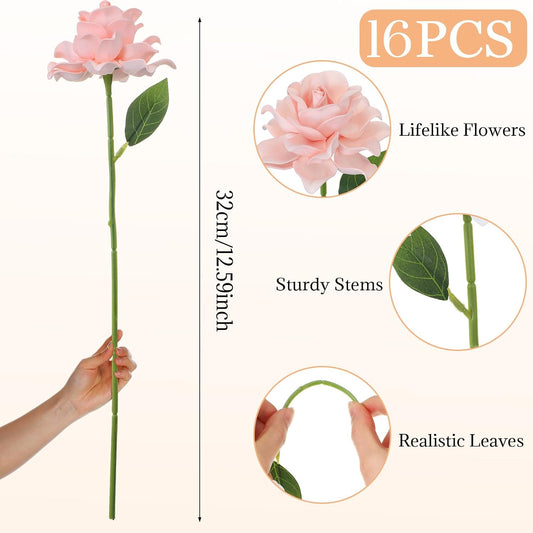 16 Pcs Pink Faux Silk Gardenia Artificial Flowers for Vase 12.6" Fake Gardenia Flowers with Stems Real Looking Flower for Table DIY Centerpieces Wedding Home Arrangements Decorations