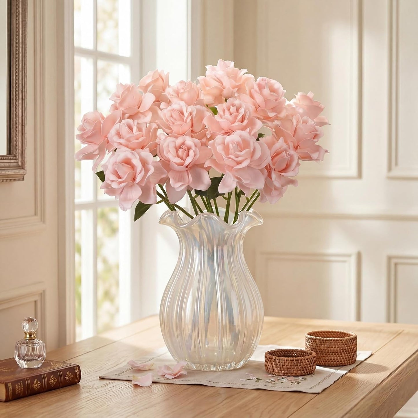 16 Pcs Pink Faux Silk Gardenia Artificial Flowers for Vase 12.6" Fake Gardenia Flowers with Stems Real Looking Flower for Table DIY Centerpieces Wedding Home Arrangements Decorations