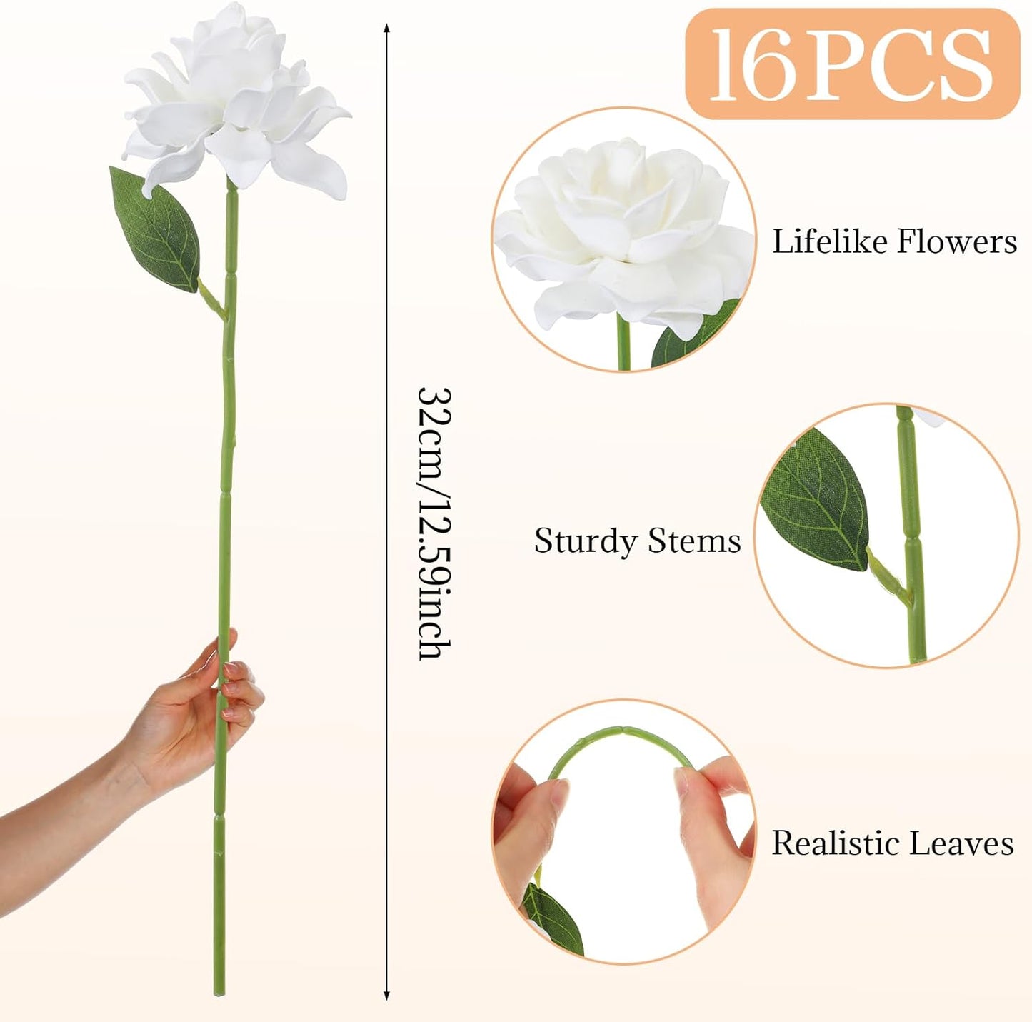 16 Pcs Pink Faux Silk Gardenia Artificial Flowers for Vase 12.6" Fake Gardenia Flowers with Stems Real Looking Flower for Table DIY Centerpieces Wedding Home Arrangements Decorations