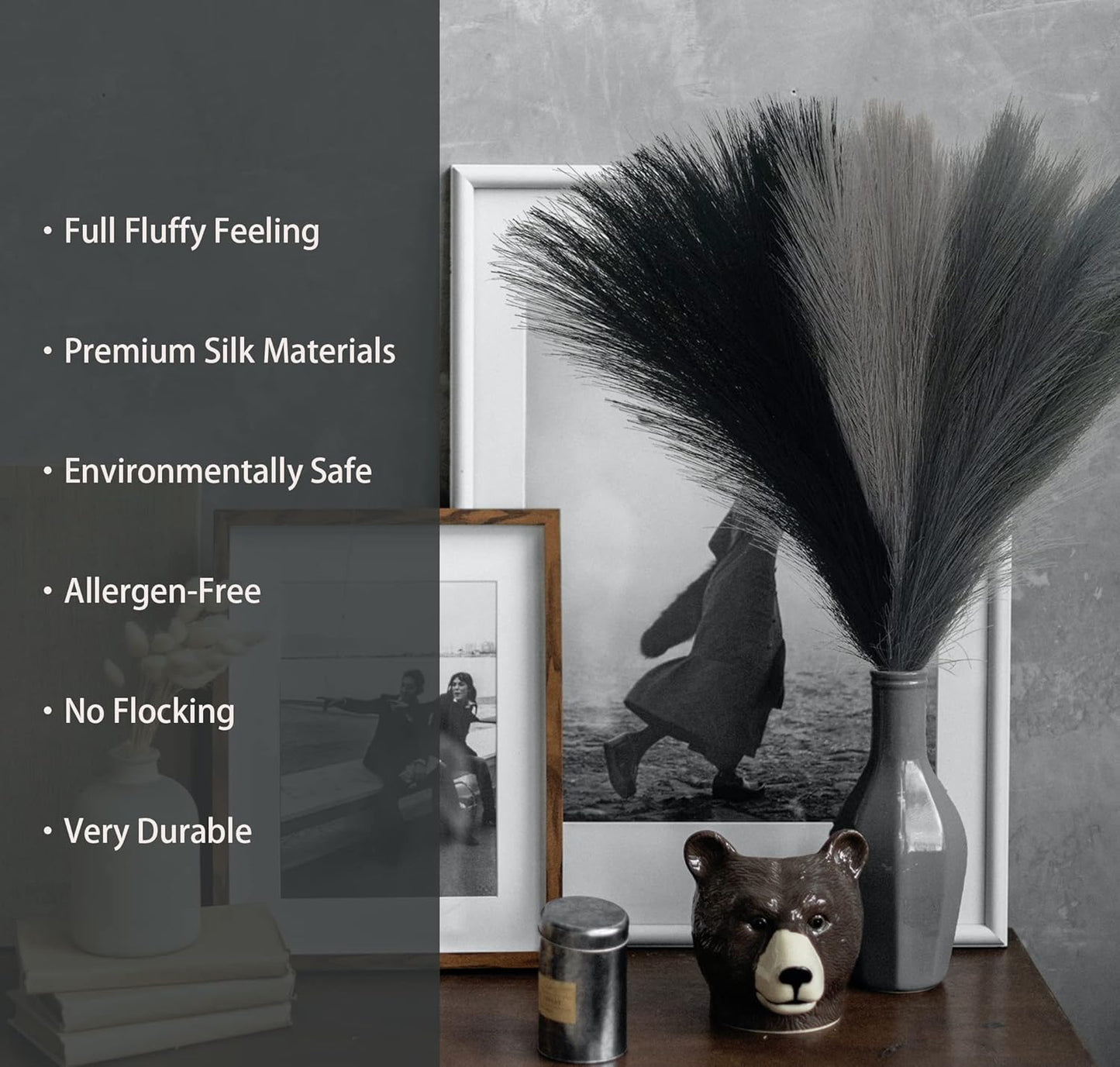 9 Pcs 45" Faux Dried Pampas Grass Tall Decor, Fluffy Fake Long Pompas Artificial Black Grey Gray Pompous Stems Bouquet Flower Arrangement Vase Filler for Boho Home Wedding Decoration