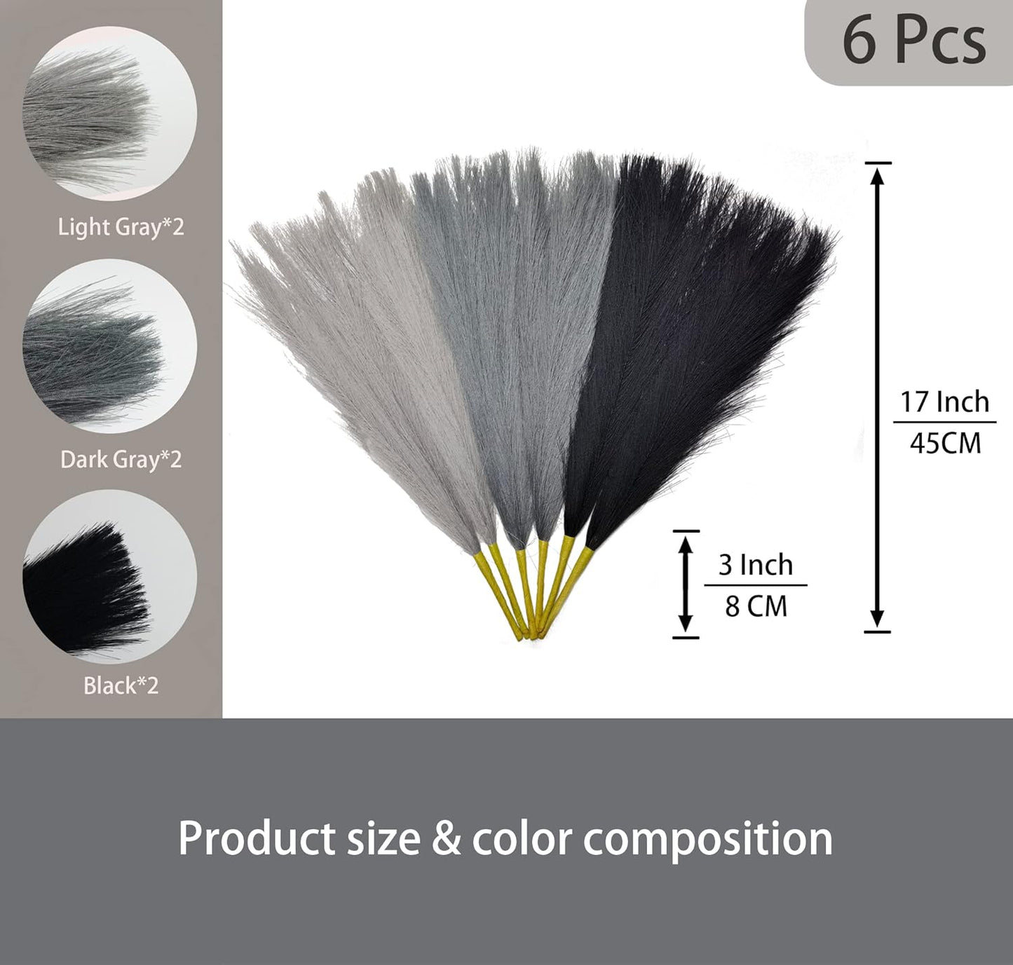9 Pcs 45" Faux Dried Pampas Grass Tall Decor, Fluffy Fake Long Pompas Artificial Black Grey Gray Pompous Stems Bouquet Flower Arrangement Vase Filler for Boho Home Wedding Decoration