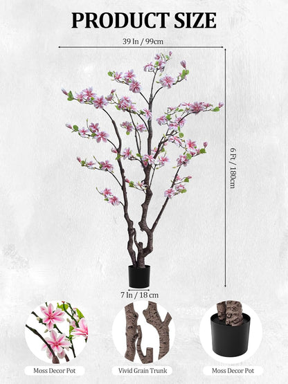 1 Pcs 6ft Artificial Magnolia Tree Faux Magnolia Flower Tree with Pot Tall Faux Realistic Flower Plants Lifelike Plant for Indoor Outdoor Home Office Living Room Yard Patio Garden Decor (Pink)