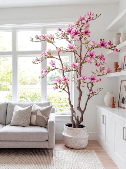 1 Pcs 6ft Artificial Magnolia Tree Faux Magnolia Flower Tree with Pot Tall Faux Realistic Flower Plants Lifelike Plant for Indoor Outdoor Home Office Living Room Yard Patio Garden Decor (Pink)