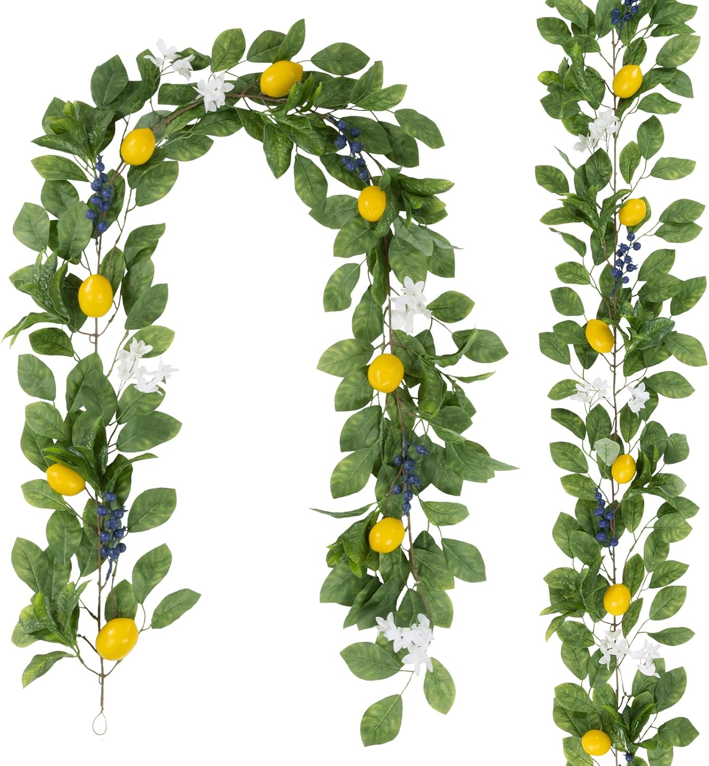 2Pcs Total 11 Ft Artificial Lemon Garland Spring Summer Faux Fruit Vine Garlands with Greenery for Door Wall Mantle Wedding Party Table Decorations