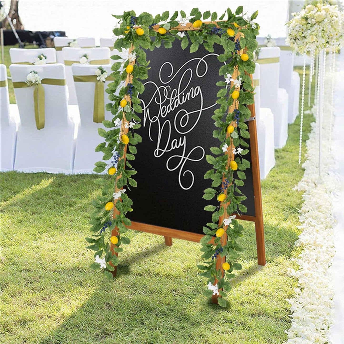 2Pcs Total 11 Ft Artificial Lemon Garland Spring Summer Faux Fruit Vine Garlands with Greenery for Door Wall Mantle Wedding Party Table Decorations