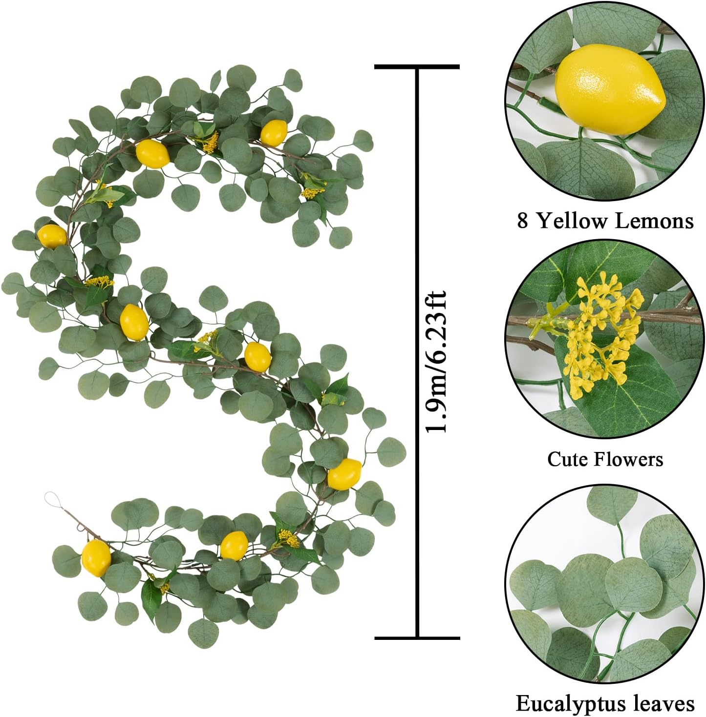 2Pcs Total 11 Ft Artificial Lemon Garland Spring Summer Faux Fruit Vine Garlands with Greenery for Door Wall Mantle Wedding Party Table Decorations