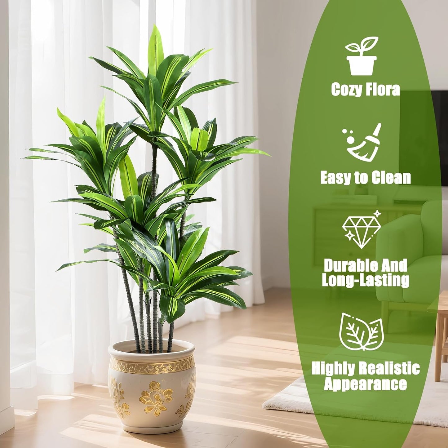 Dracaena Artificial Plant Indoor 4FT - Large Tropical Fake Tree with Lifelike Leaves - Tall Faux Floor Plant in Pot - Artificial Dracaena Tree Indoor for Home Office Living Room Decor