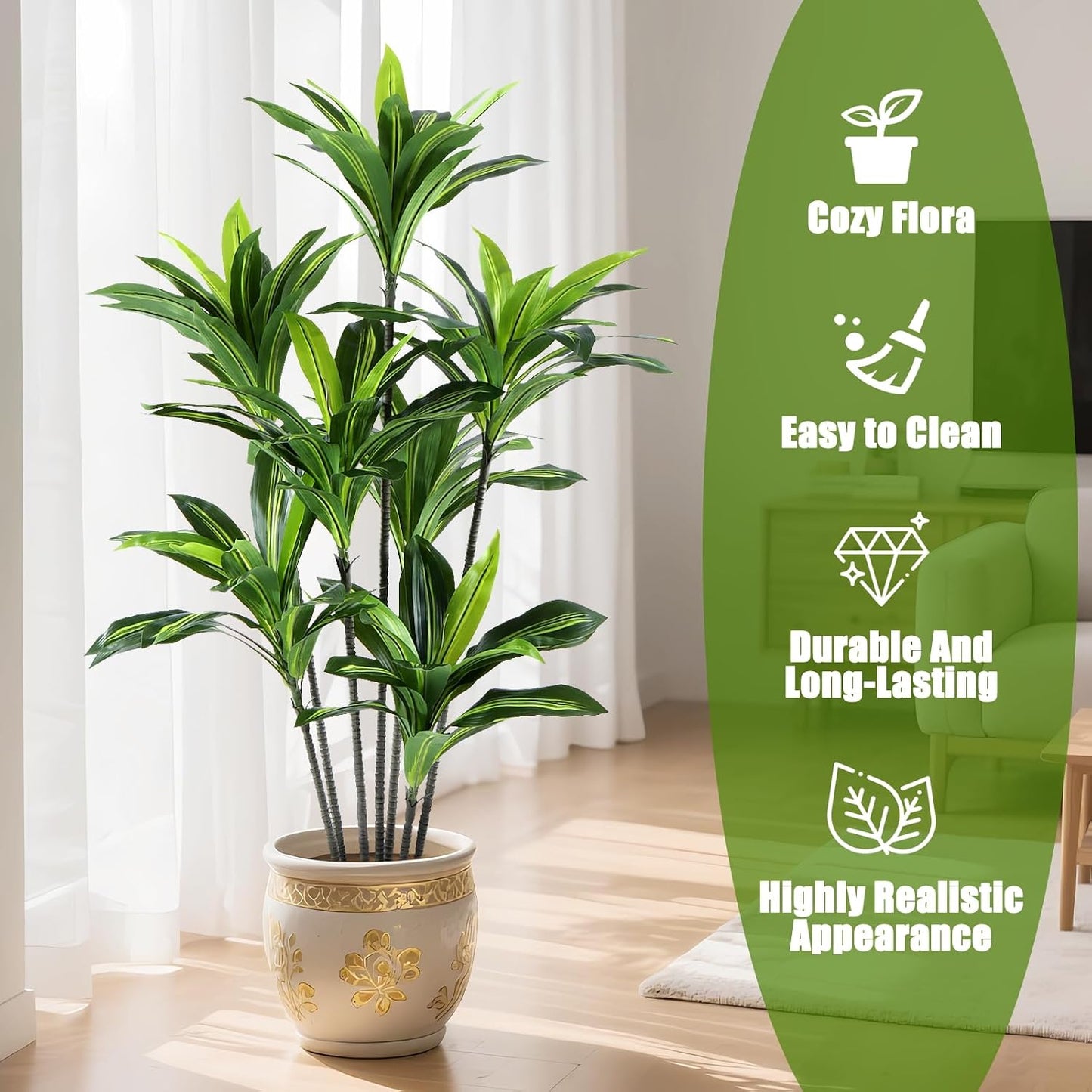 Dracaena Artificial Plant Indoor 4FT - Large Tropical Fake Tree with Lifelike Leaves - Tall Faux Floor Plant in Pot - Artificial Dracaena Tree Indoor for Home Office Living Room Decor
